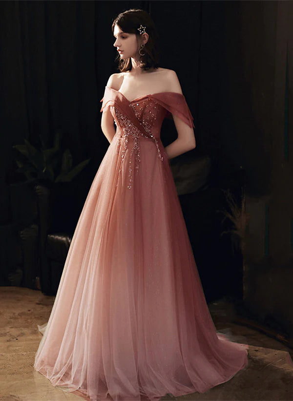 A-line Pink Gradient Tulle Long Beaded Formal Dress